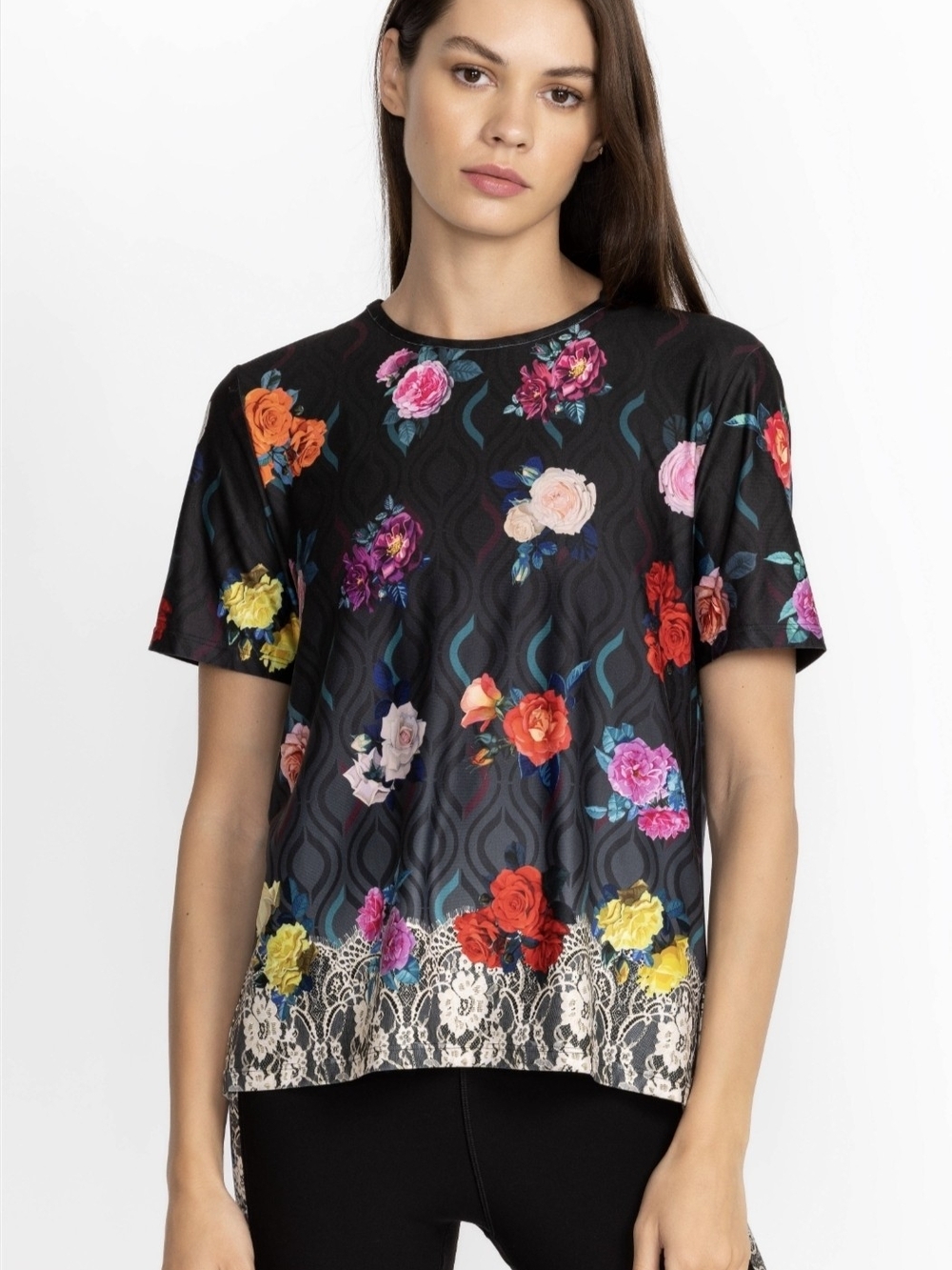 Johnny Was Black Short Sleeve Floral Tee with Multicolor Blooms